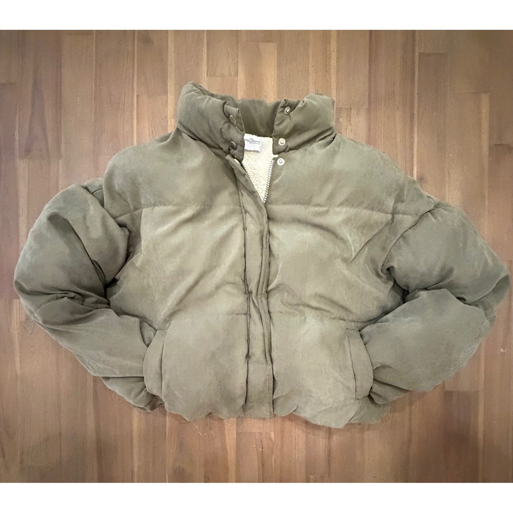 Simply Blessed Olive Sherpa Lined Puffer Jacket Cropped Style M